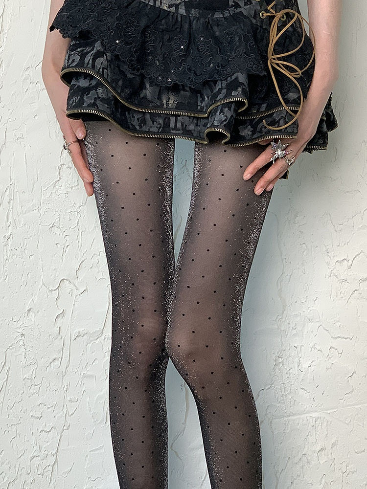Black Y2K Polka-dot Pattern Shimmering Tights