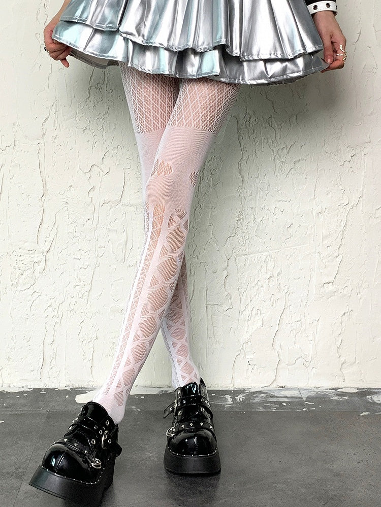 White Y2K Crisscorss Banded Diamond Pattern Tights