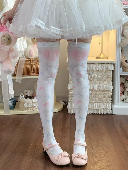 White Cross Bear and Bowknot Print Sweet Lolita Overknee Stockings