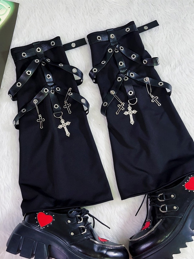 Black Y2K Punk Leg Sleeves With Metal Buckle Straps And Cross Charms