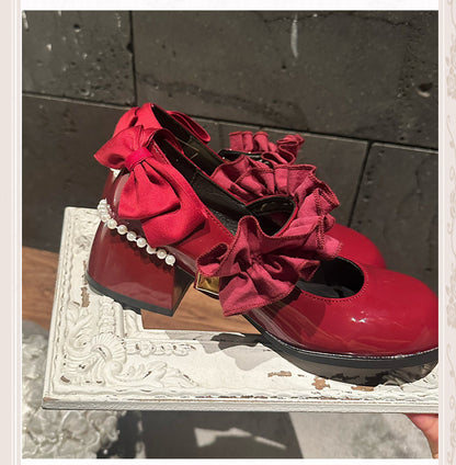 Polished Wine Red Round Toe Ruffle Trim 6CM Block Heel Mary Janes with Beaded Chain