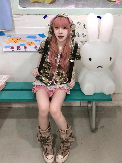 Camouflage Subculture Zip-Up T-shirt with Bear Ears Hood