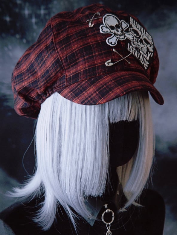 Red And Black Plaid Pattern With Skull Applique Beret