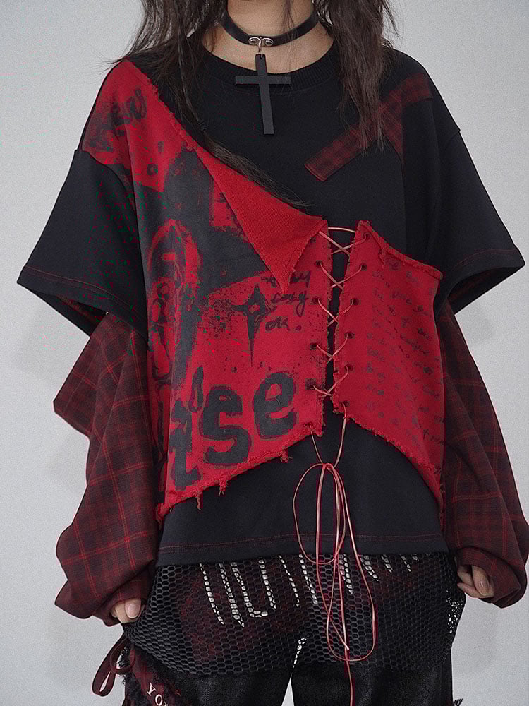 Letters Print Red and Black Punk Sweat Shirt Lace-up Detail