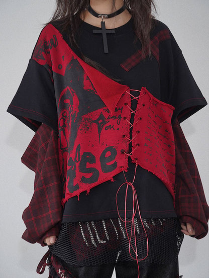Letters Print Red and Black Punk Sweat Shirt Lace-up Detail