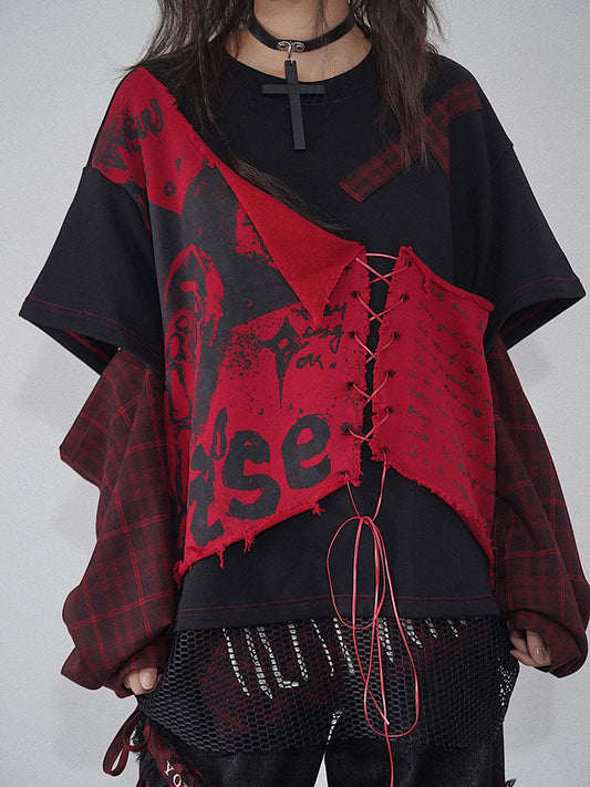 Letters Print Red and Black Punk Sweat Shirt Lace-up Detail