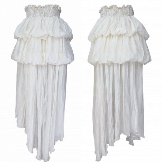 Apricot Ankle-Length Tiered Bubble Skirt with Ruffled Hem