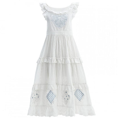 Blue Embroidery Plaid Patch White Flutter Sleeves Lace Trim Tiered Skirt Cutton Overdress