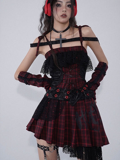 Lace-up Detail Red and Black Plaid Punk Rock Dress