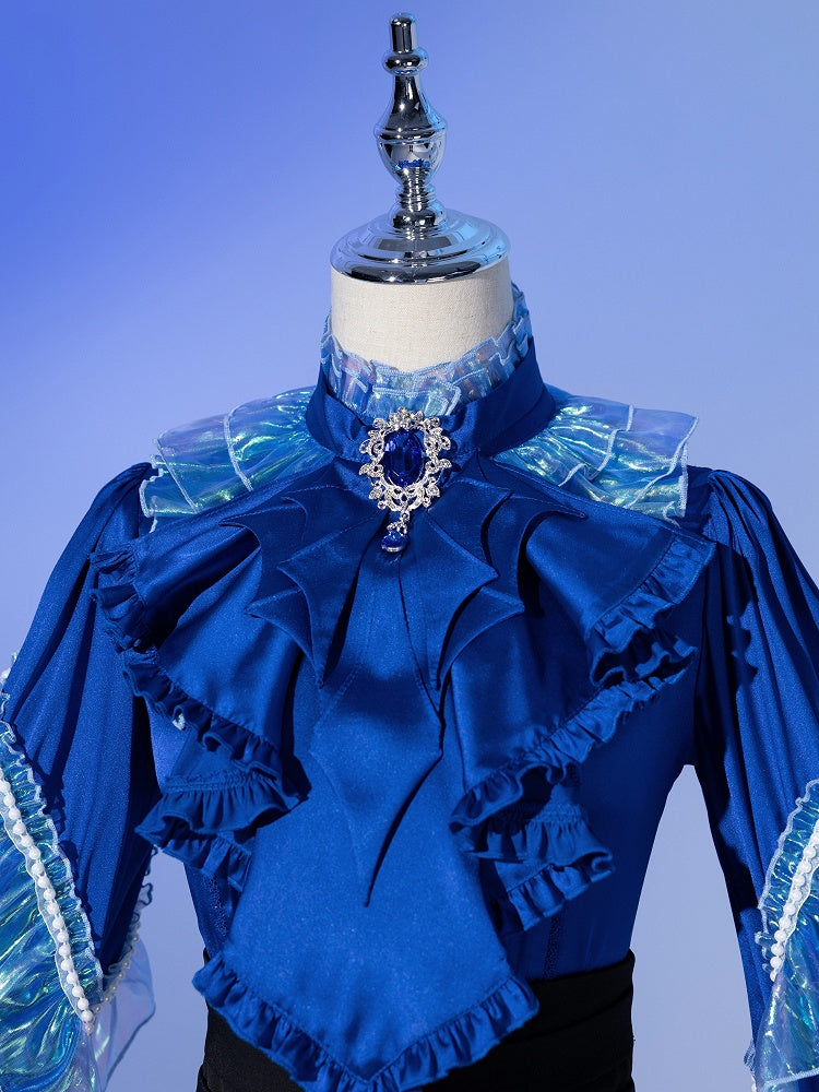 Deep Sea Blue Bat Wings Cascading Ruffle Trim Jabot Tie