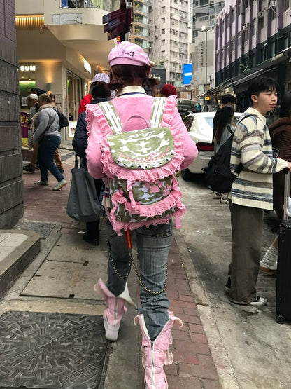 Camouflage Contrast Pink Lace Trim Backpack