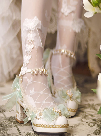 White & Light Green Floral and Bow Accent 5-6CM Hime Lolita Block Heels