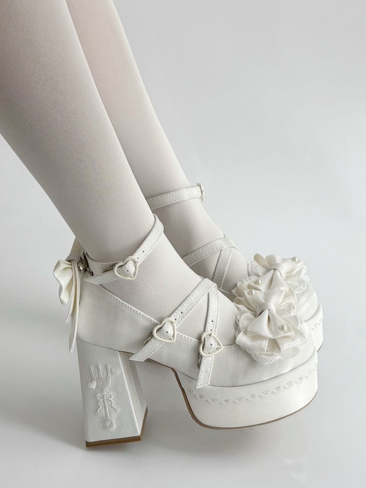 White Lolita Lace Bowknot Fork Embroidery Platform Block High Heels