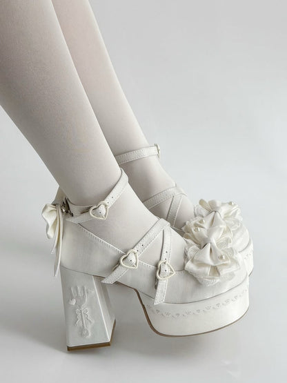 White Lolita Lace Bowknot Fork Embroidery Platform Block High Heels