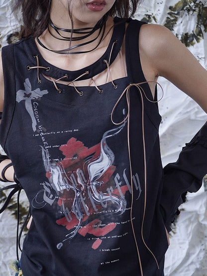 Punk Letters Print Black Lace-up Detail Sleeveless Top