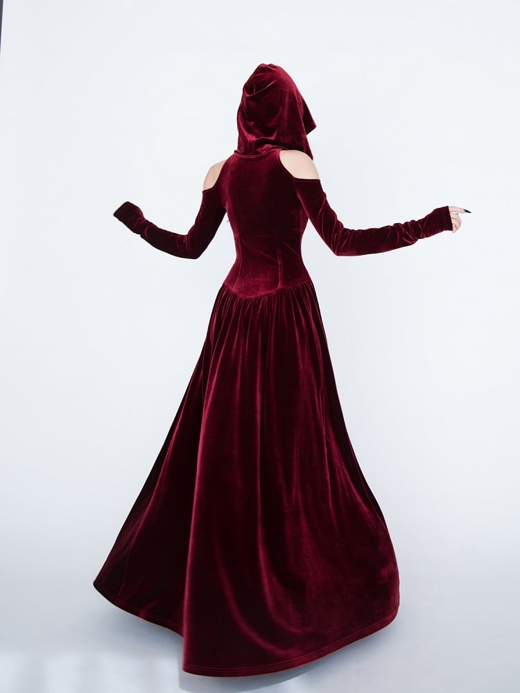 Medieval Witch Red Velvet Cutout Shoulder Gothic Vampire Hooded Dress