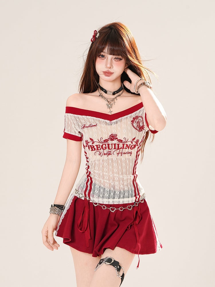 Black/White Off-the-shoulder Neckline Semi-sheer Lace T-shirt