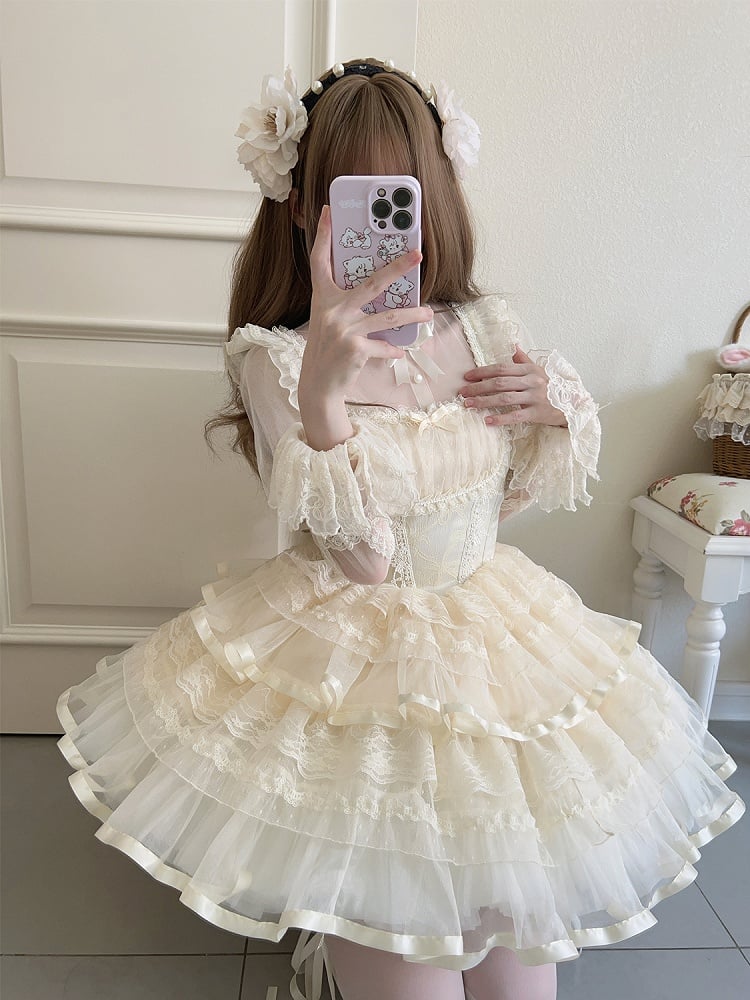 Apricot Bows Print Basque Waist Balletcore Lolita Jumper Skirt