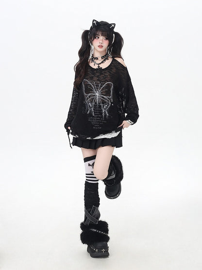 Butterfly Print Cutout Shoulder Lace Trim Black/Beige Knit Coverup