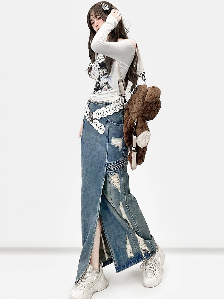 Blue Distressed Holes Details Slit Denim Skirt