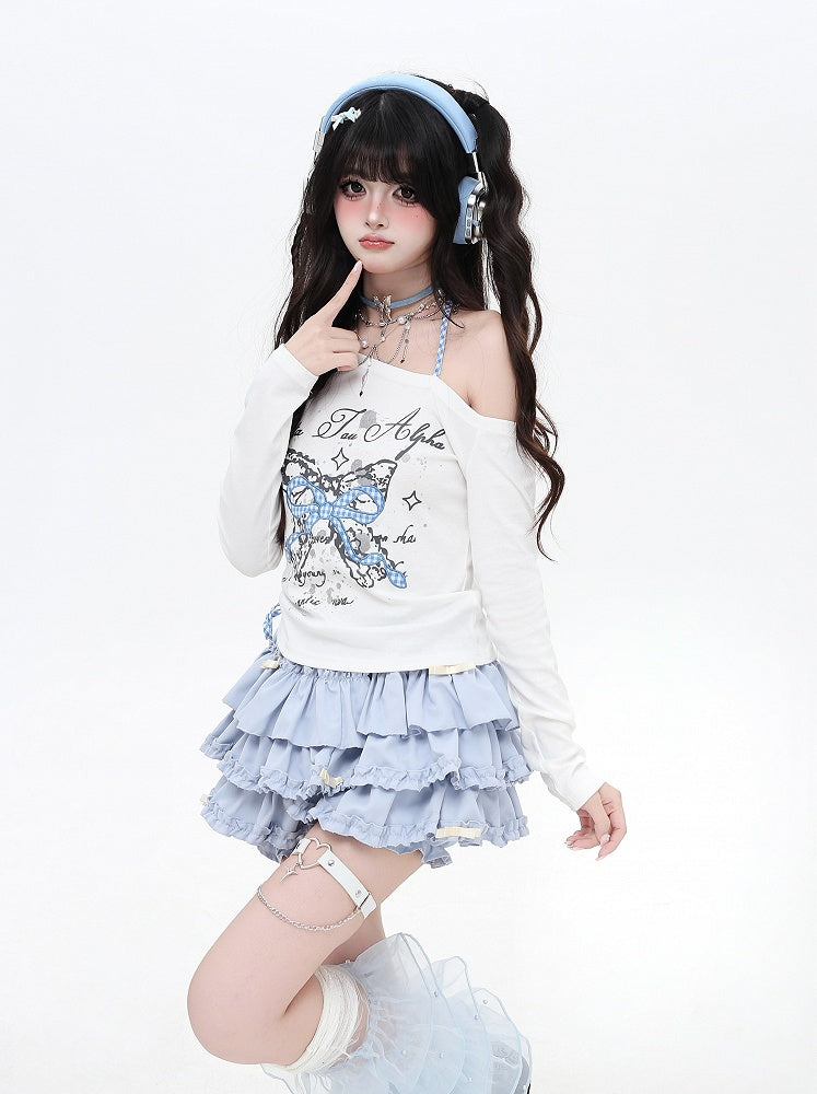 Asymmetrical Neckline Sweet Plaid Bowknot Applique White/Black Top