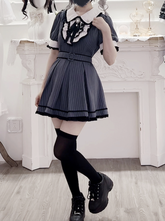 Peter Pan Collar Top with Shorts Dark Blue Stripes Maid Jirai Kei Set