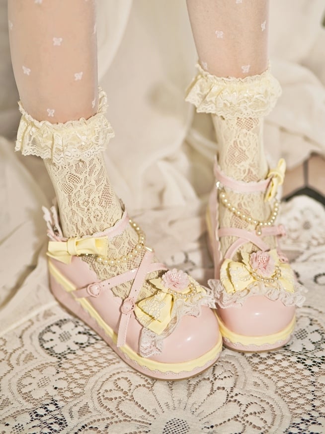 Pink Floral Design Bow at Top Lace Trim Heart Buckle Platforms With Detachable Beaded Chain