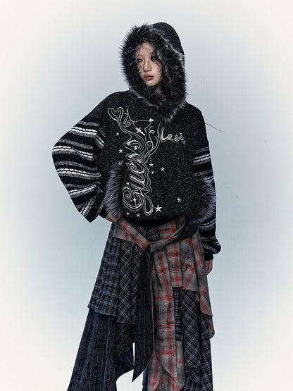 Gray&White/Black&White Plush Trim Striped Sleeves Hoodie