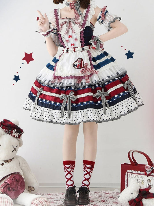 Dark Blue and Red Blueberry Cake Bow Accents Tiered Skirt Sweet Lolita JSK Full Set