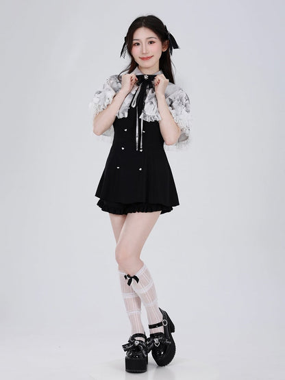 Jirai Kei Three Pieces Set Short Puff Sleeves Top Black Shorts and Grey Floral Print Cape