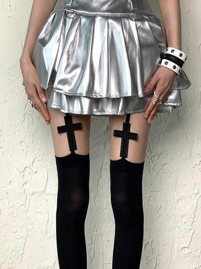Black Y2K Cross Design Suspender Tights