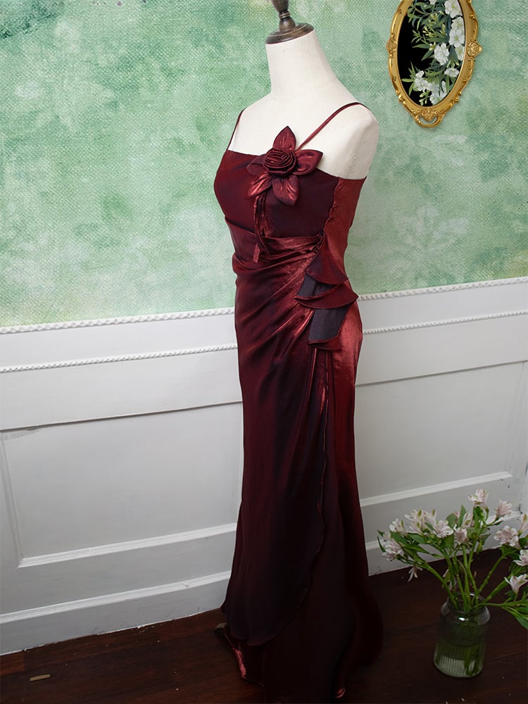 Dark Red Vintage Floral Embellished Sheath Gown Evening Dress