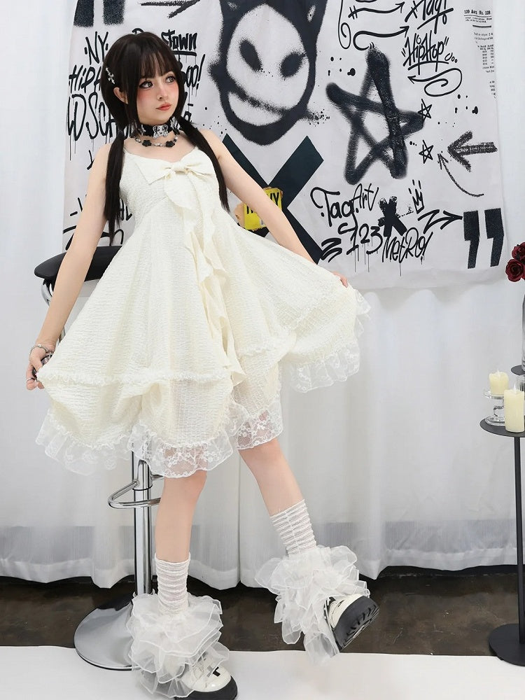 Apricot Big Bow Neckline Lace Trim Cami Dress Bubble Skirt