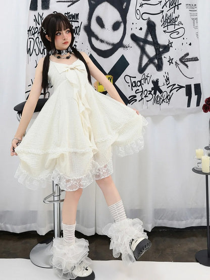 Apricot Big Bow Neckline Lace Trim Cami Dress Bubble Skirt