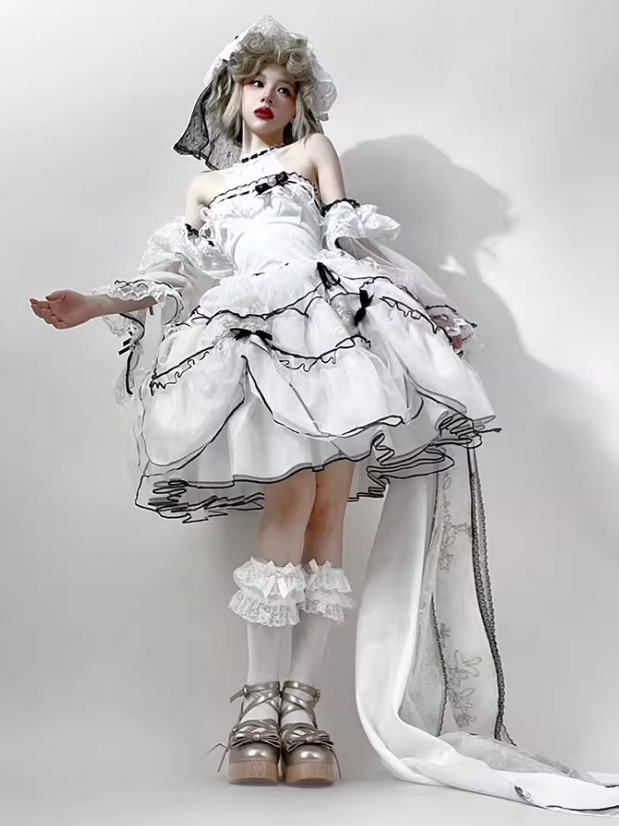 Plus Sizes White & Black Illusion Neckline Sweet Lolita Dress Short Version+Train+Head Veil+Detachable Sleeves Full Set