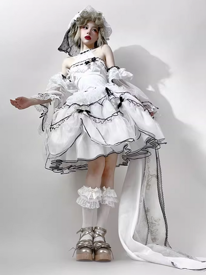 Plus Sizes White & Black Illusion Neckline Sweet Lolita Dress Short Version+Train+Head Veil+Detachable Sleeves Full Set
