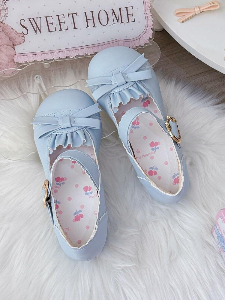 Mid-heel Blue Mary Janes in PU - Bow Accent, Ruffles Edging & Scalloped Buckle