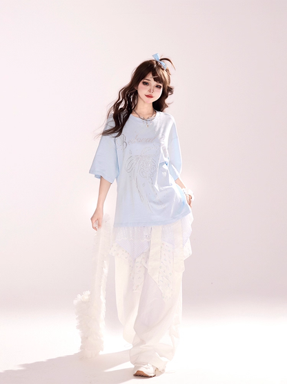 White Low Waist Handkerchief Hem Wide-leg Pants Faux Two-pieces