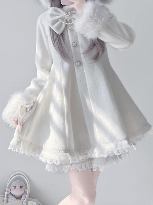 Jirai Kei White Wool Blend Coat with Detachable Bunny Hood | A-Line Winter Style