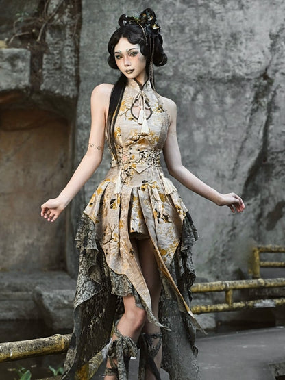 Drop Cutout Neckline with Cheongsam Halter Collar Chinoiserie Cropped Top