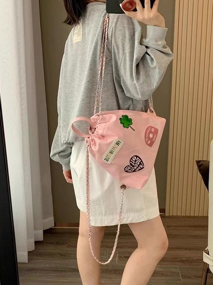 Sweet Pink Diamond Quilted Drawstring Backpack With Clover And Letter Embroidery