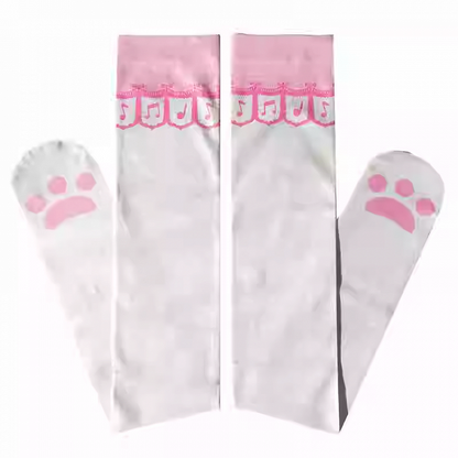 White Cat Paw Pattern Over Knee Stockings