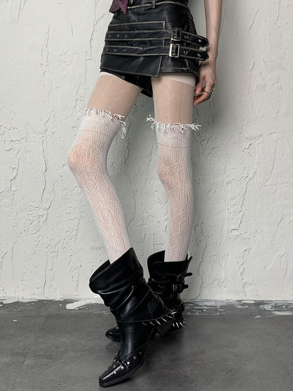 White/Black/Pink Y2K Floral and Polka-dot Pattern Tights