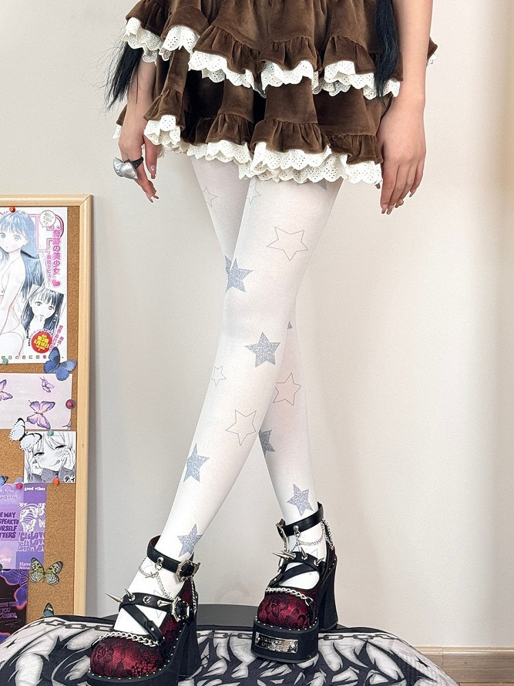 White Sweet Lolita Star Print Tights