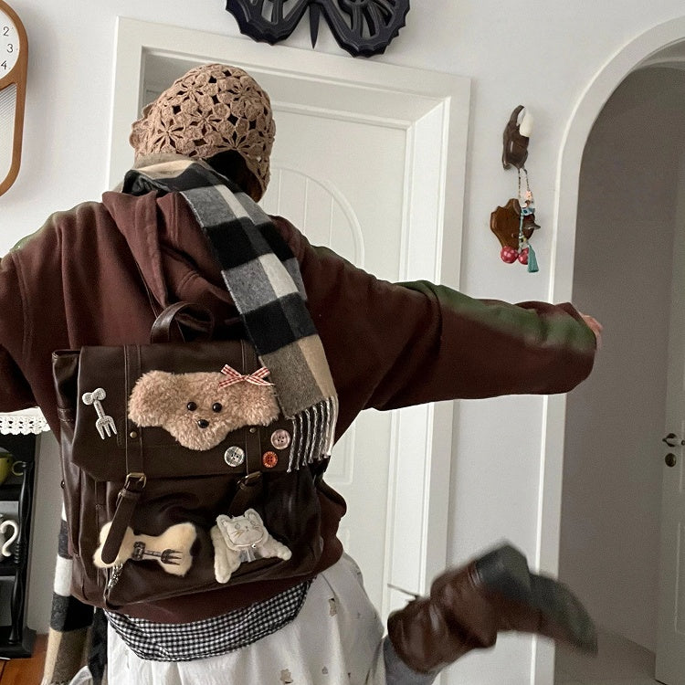 Vintage Brown Y2K Backpack | Preppy Style with Fold-Over Flap & Plush Puppy