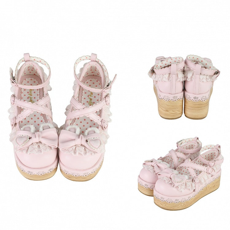 Pink Crisscross Design Bunny Ear Bow at Top Lace Trim Platforms