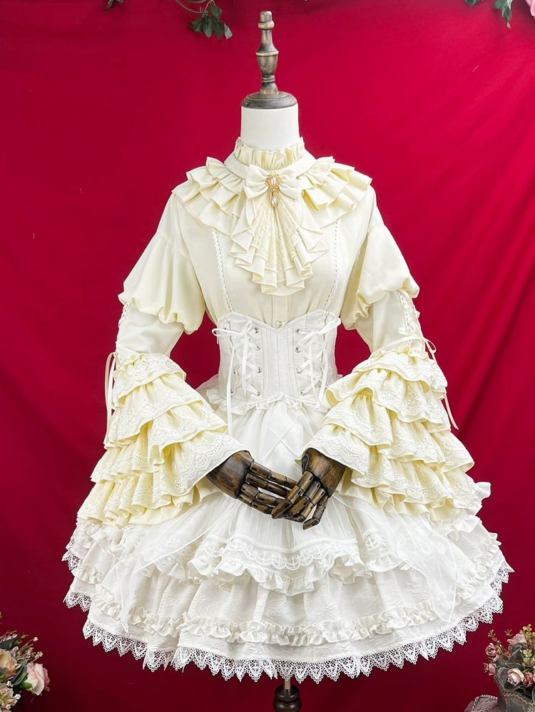 Apricot Ruffle Neckline Layered Bell Sleeves Gothic Lolita Shirt with Jabot Tie