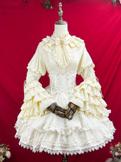 Apricot Ruffle Neckline Layered Bell Sleeves Gothic Lolita Shirt with Jabot Tie