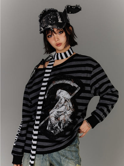Black & Gray Stripes Drawstring Design Asymmetrical Neckline Applique Punk Top
