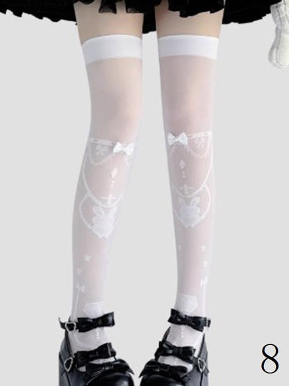 11 Options White/Black Sweet Lolita Overknee Stockings With Black/White/Pink/Blue/Red Bowknot Details